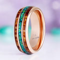 Whiskey barrel wood and peacock fire opal men's wedding band in tungsten, 8mm