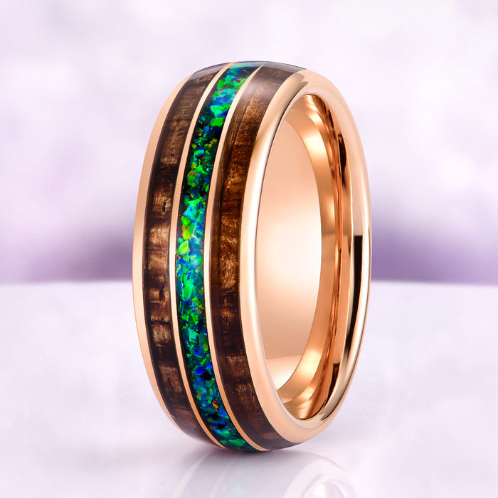 mens wood inlay fire opal wedding ring on purple background