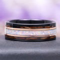 Whiskey Barrel and White Fire Opal Wedding Band in Tungsten (8mm) by Aquamarise features a polished black tungsten band with rich whiskey barrel wood inlays and a dazzling white fire opal center stripe, crafted for men's wedding bands and October birthstone collections.