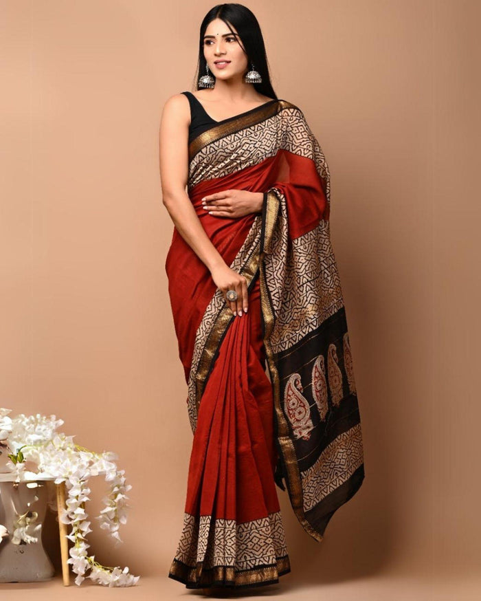 Maheshwari Silk Saree dark red Handblock Printed With running blouse (Silk by Silk)
