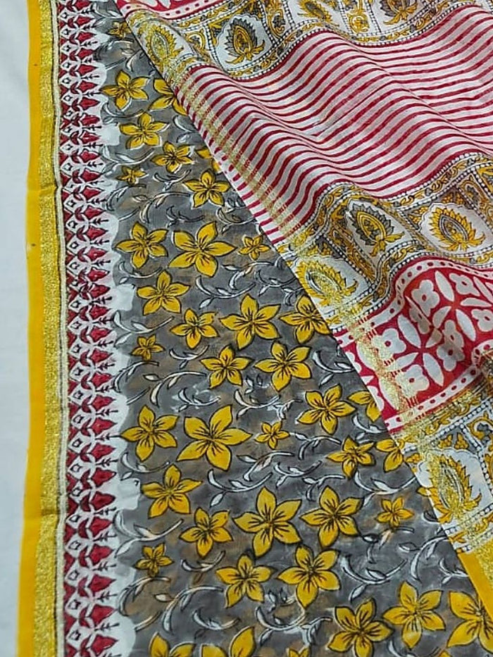 Indiehaat | Blockprint Chanderi Silk Saree Yellow | Elegance in Silk