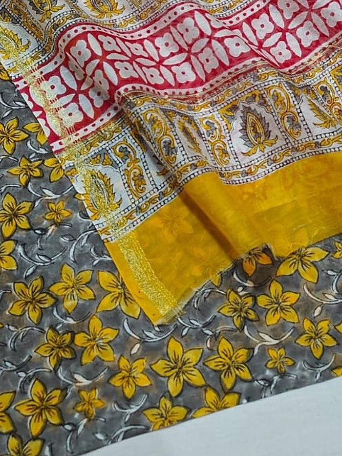 Indiehaat | Blockprint Chanderi Silk Saree Yellow | Elegance in Silk