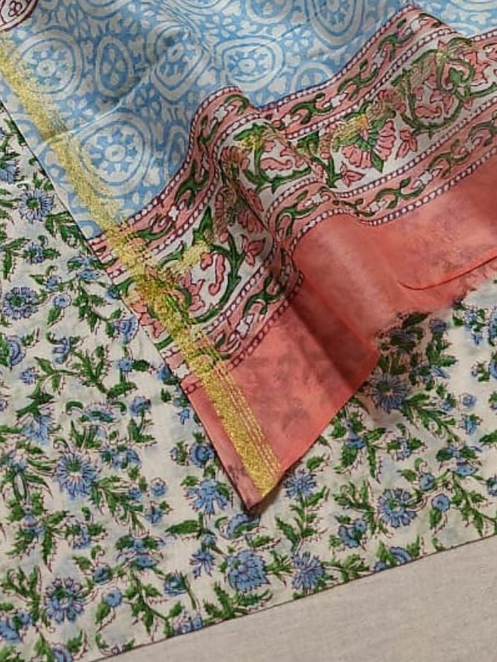 Indiehaat | Blockprint Chanderi Silk Saree Beige | Elegance in Silk