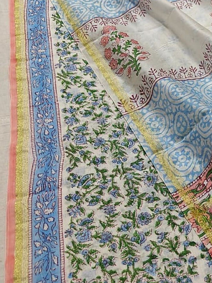 Indiehaat | Blockprint Chanderi Silk Saree Beige | Elegance in Silk