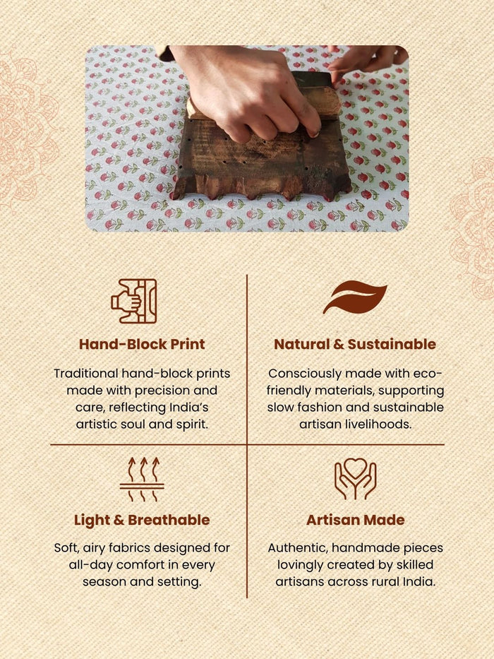 A carved wooden block being pressed by hand onto block printed fabric