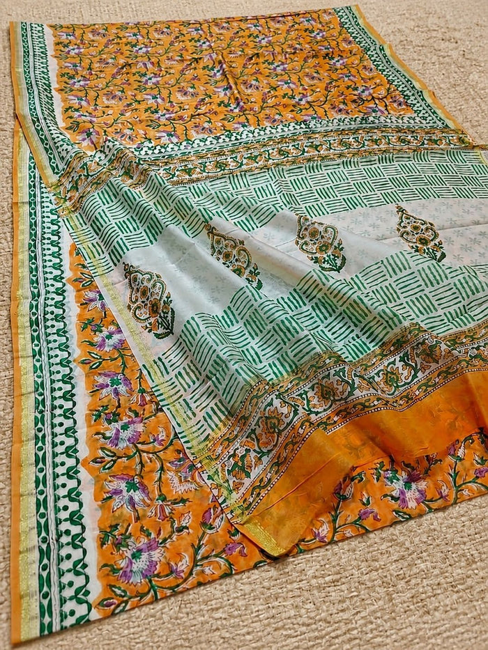 Indiehaat | Blockprint Chanderi Silk Saree Orange | Elegance in Silk