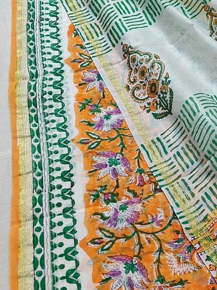 Indiehaat | Blockprint Chanderi Silk Saree Orange | Elegance in Silk
