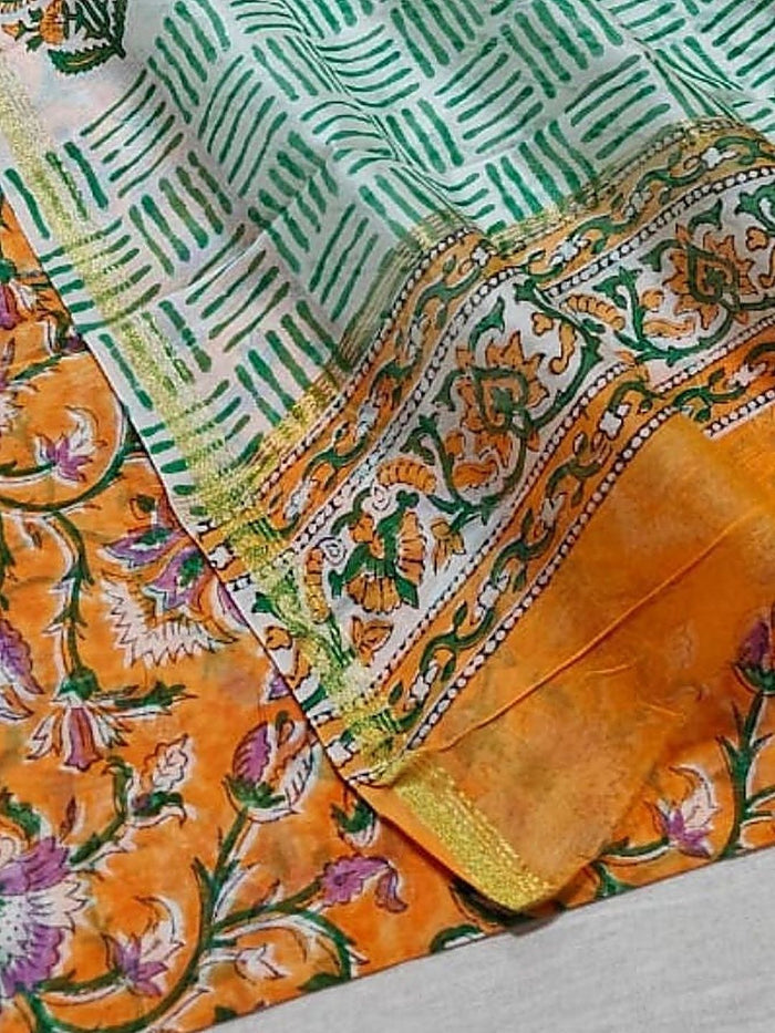 Indiehaat | Blockprint Chanderi Silk Saree Orange | Elegance in Silk