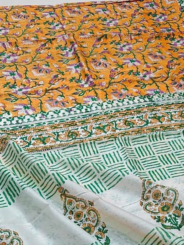 Indiehaat | Blockprint Chanderi Silk Saree Orange | Elegance in Silk