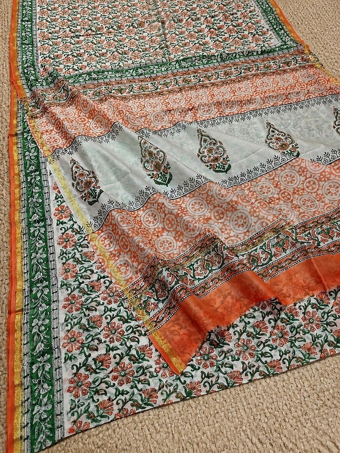 Indiehaat | Blockprint Chanderi Silk Saree Orange | Elegance in Silk