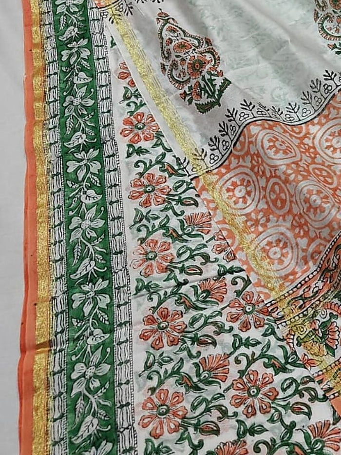 Indiehaat | Blockprint Chanderi Silk Saree Orange | Elegance in Silk