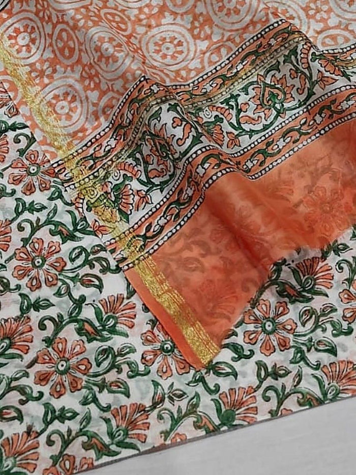 Indiehaat | Blockprint Chanderi Silk Saree Orange | Elegance in Silk
