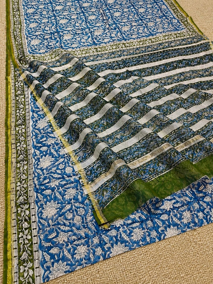Indiehaat | Blockprint Chanderi Silk Saree Blue | Elegance in Silk
