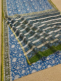 Indiehaat | Blockprint Chanderi Silk Saree Blue | Elegance in Silk