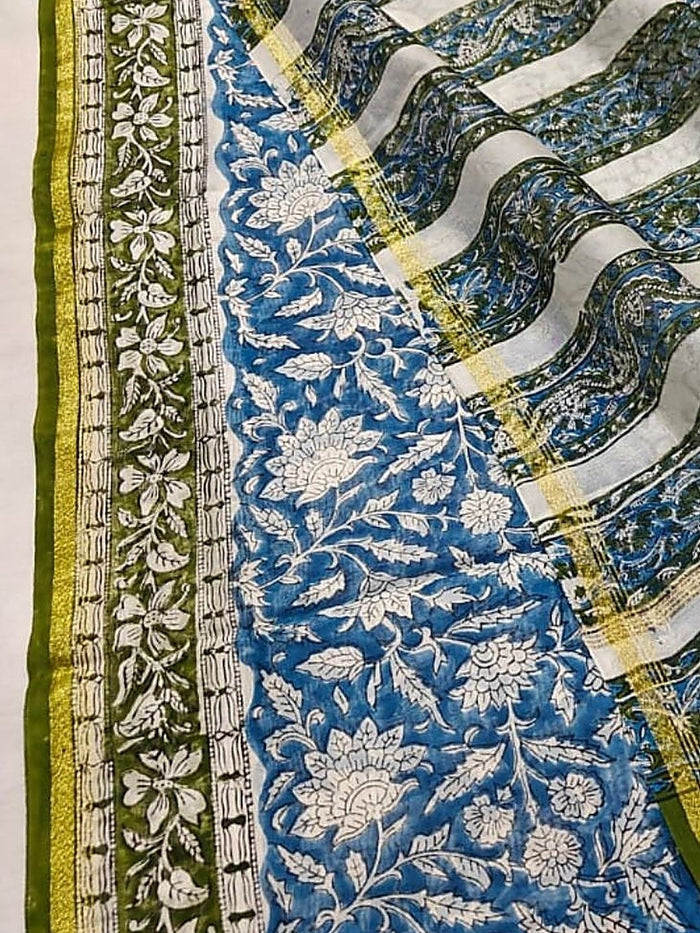 Indiehaat | Blockprint Chanderi Silk Saree Blue | Elegance in Silk