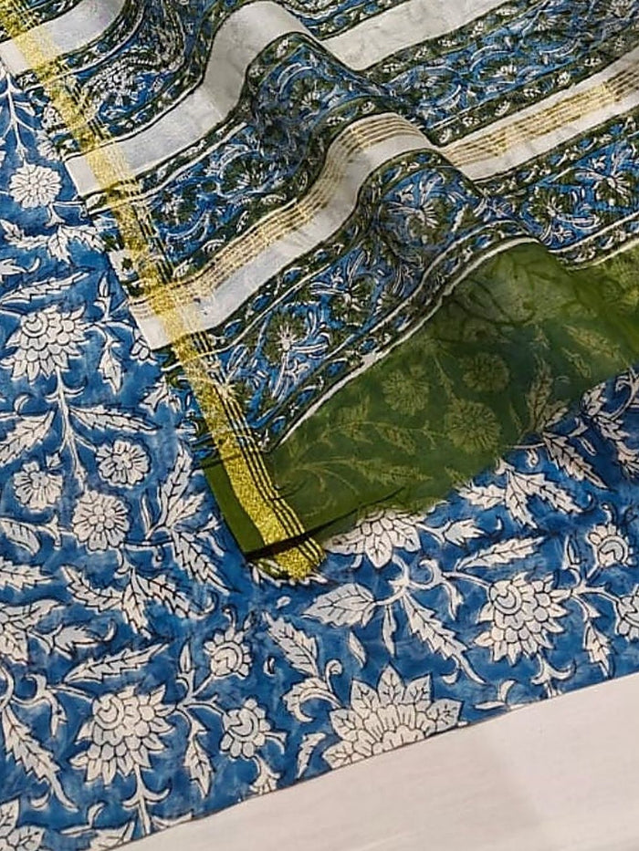 Indiehaat | Blockprint Chanderi Silk Saree Blue | Elegance in Silk