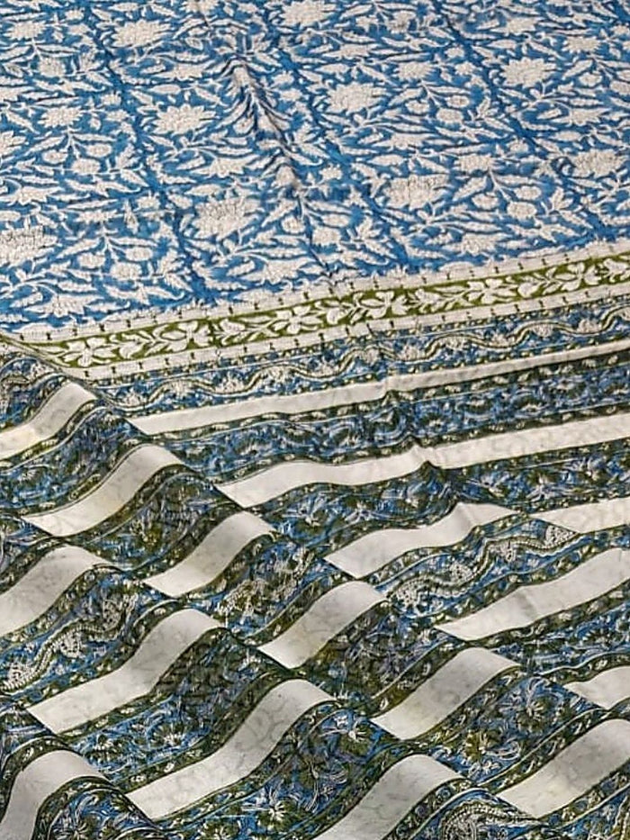 Indiehaat | Blockprint Chanderi Silk Saree Blue | Elegance in Silk