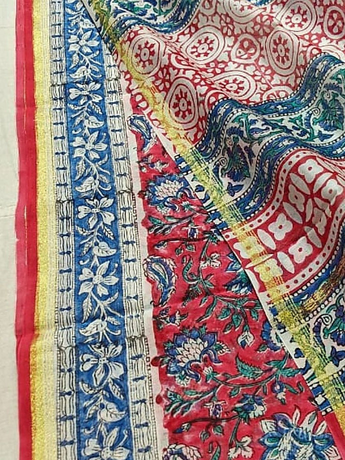 Indiehaat | Blockprint Chanderi Silk Saree Red | Elegance in Silk