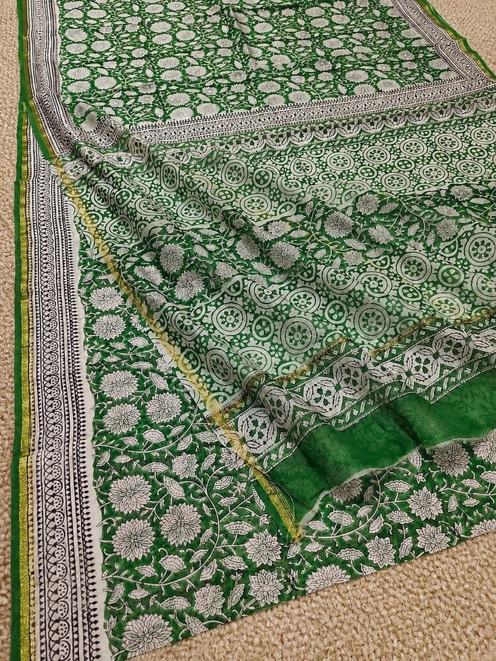 Indiehaat | Blockprint Chanderi Silk Saree Green | Elegance in Silk