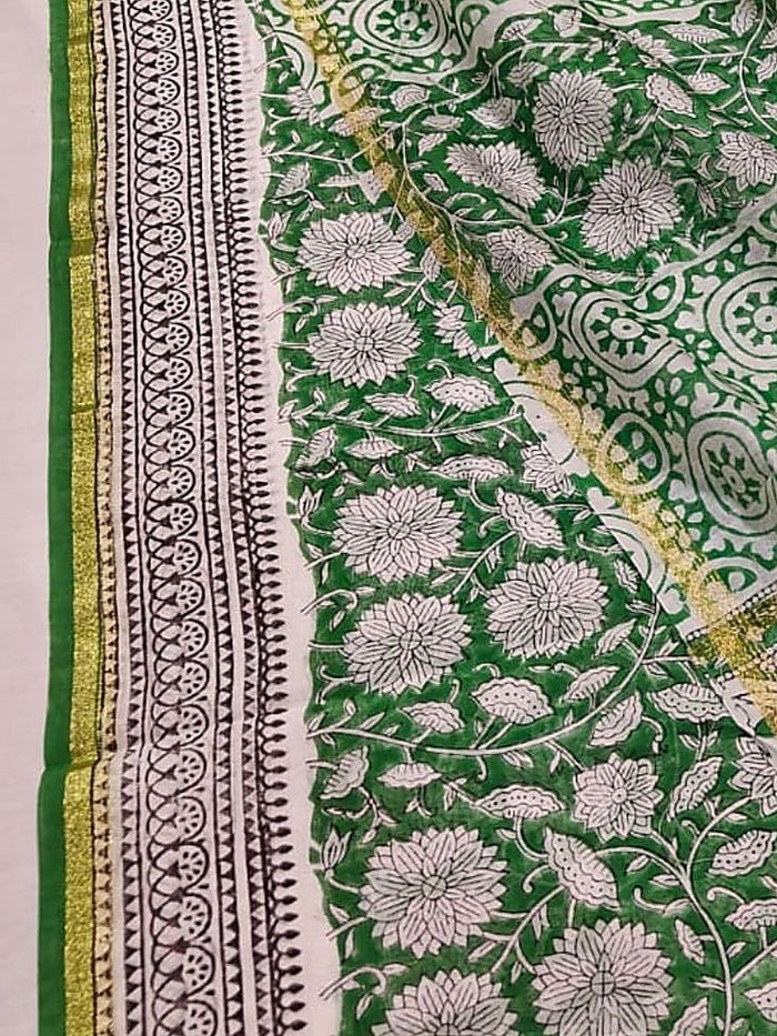 Indiehaat | Blockprint Chanderi Silk Saree Green | Elegance in Silk