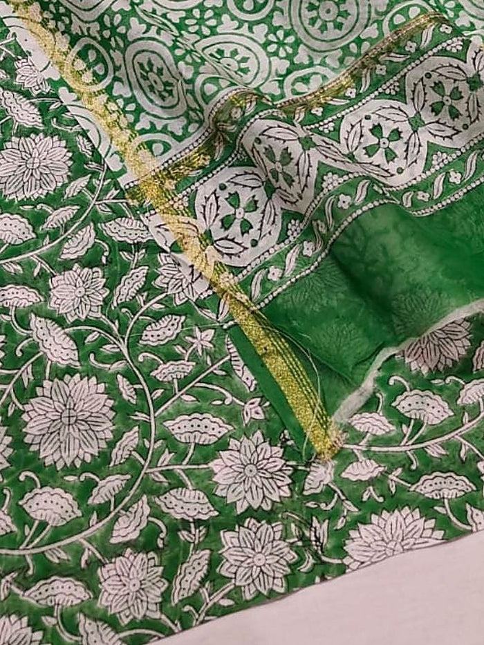 Indiehaat | Blockprint Chanderi Silk Saree Green | Elegance in Silk