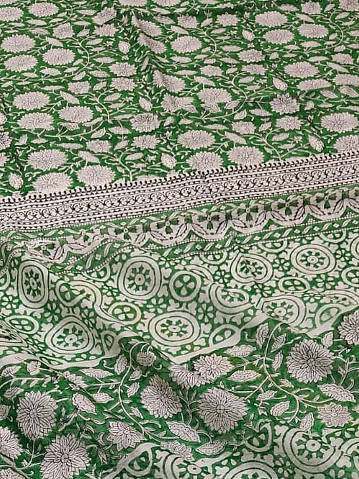 Indiehaat | Blockprint Chanderi Silk Saree Green | Elegance in Silk