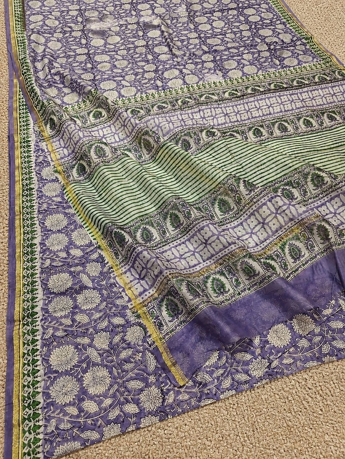 Indiehaat | Blockprint Chanderi Silk Saree Purple | Elegance in Silk