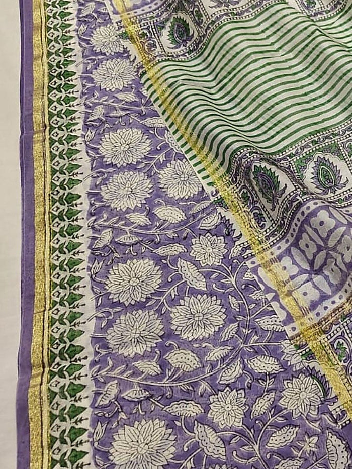 Indiehaat | Blockprint Chanderi Silk Saree Purple | Elegance in Silk