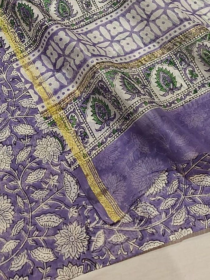 Indiehaat | Blockprint Chanderi Silk Saree Purple | Elegance in Silk