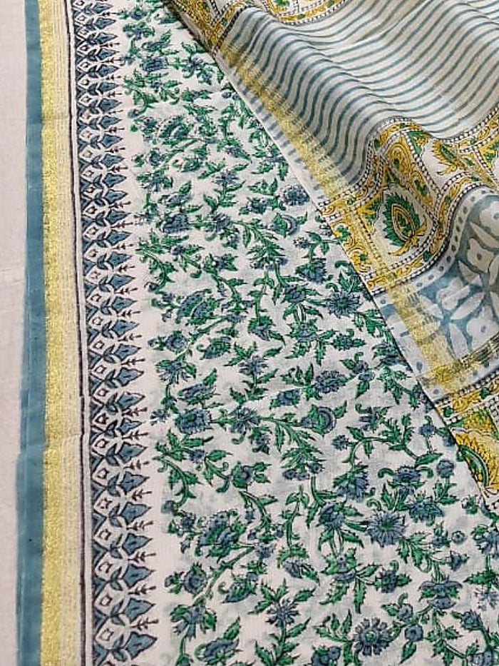 Indiehaat | Blockprint Chanderi Silk Saree Green | Elegance in Silk