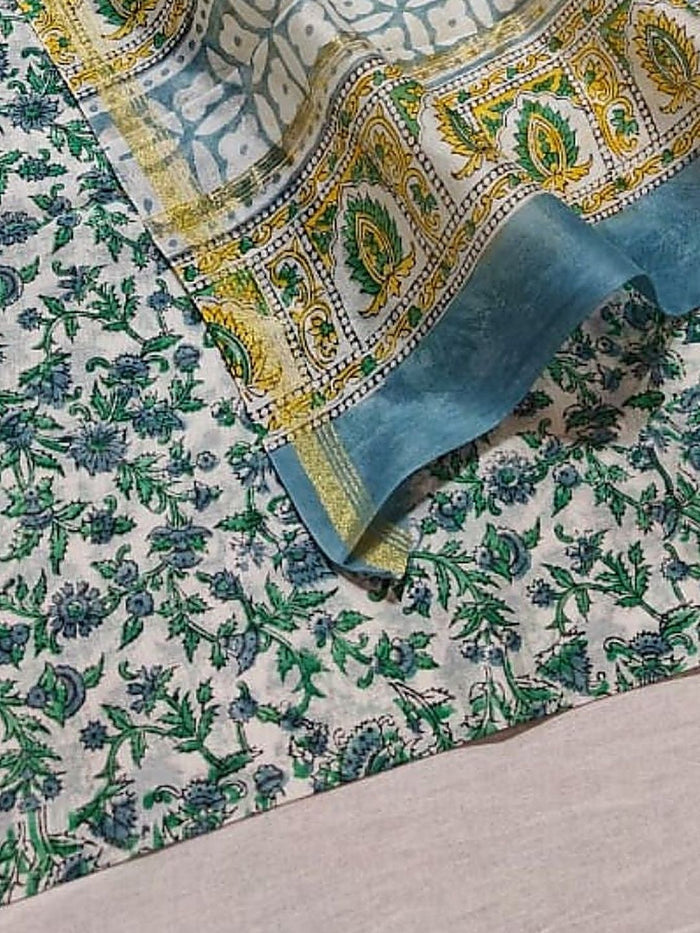 Indiehaat | Blockprint Chanderi Silk Saree Green | Elegance in Silk