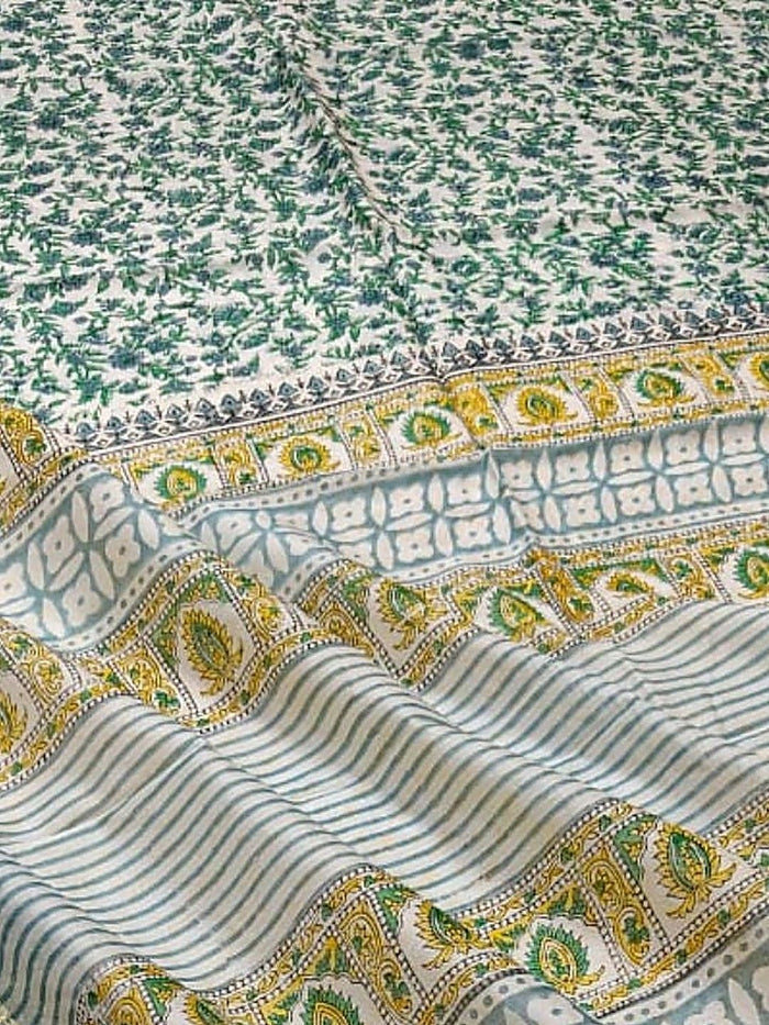 Indiehaat | Blockprint Chanderi Silk Saree Green | Elegance in Silk