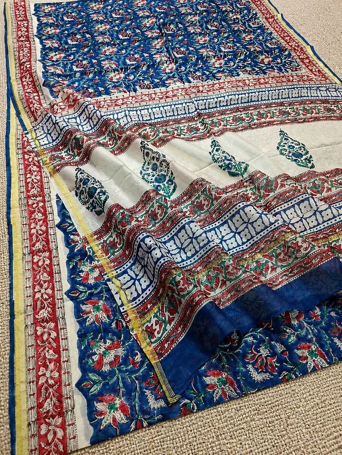 Indiehaat | Blockprint Chanderi Silk Saree Indigo | Elegance in Silk