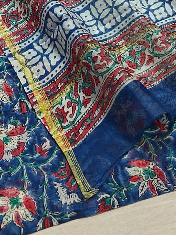 Indiehaat | Blockprint Chanderi Silk Saree Indigo | Elegance in Silk