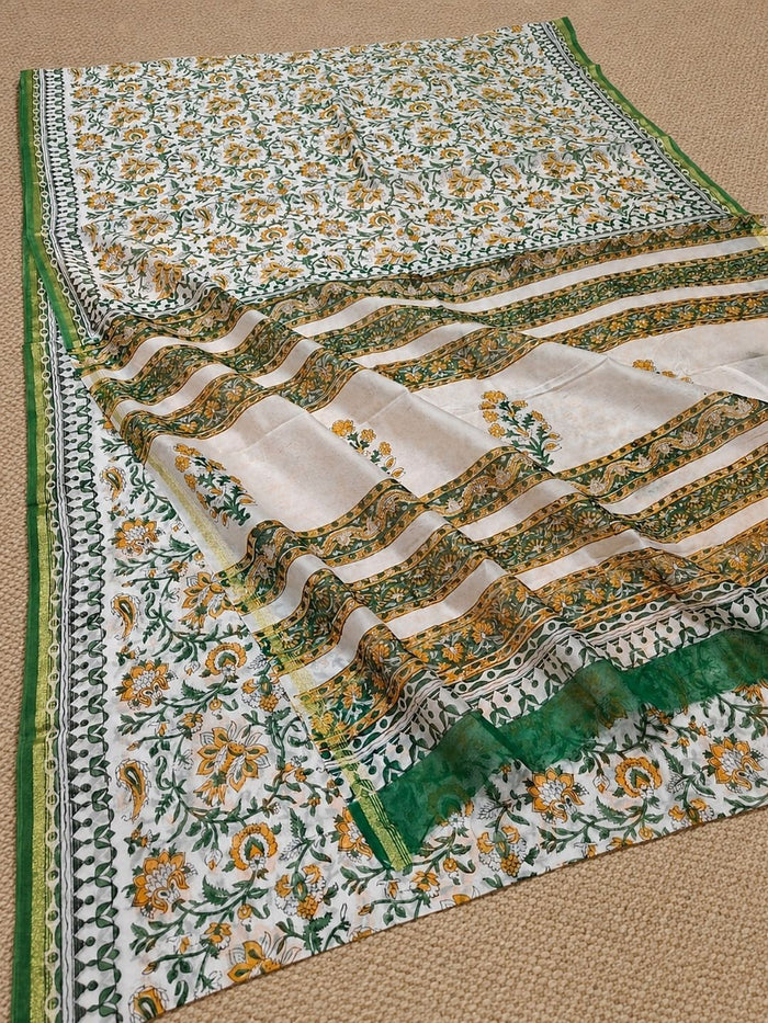 Indiehaat | Blockprint Chanderi Silk Saree Beige | Elegance in Silk