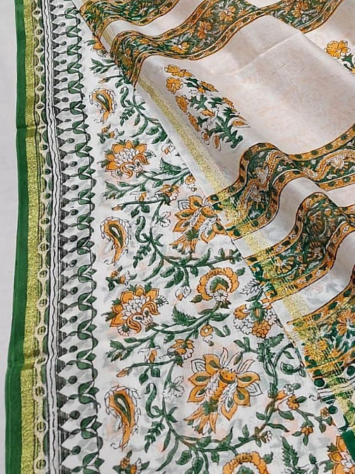 Indiehaat | Blockprint Chanderi Silk Saree Beige | Elegance in Silk