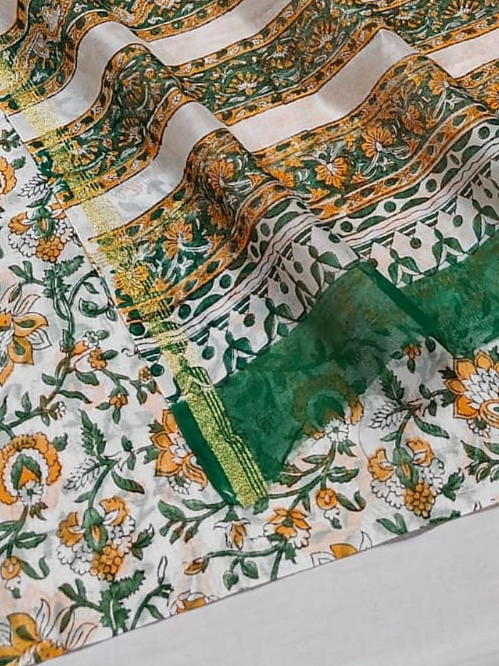 Indiehaat | Blockprint Chanderi Silk Saree Beige | Elegance in Silk