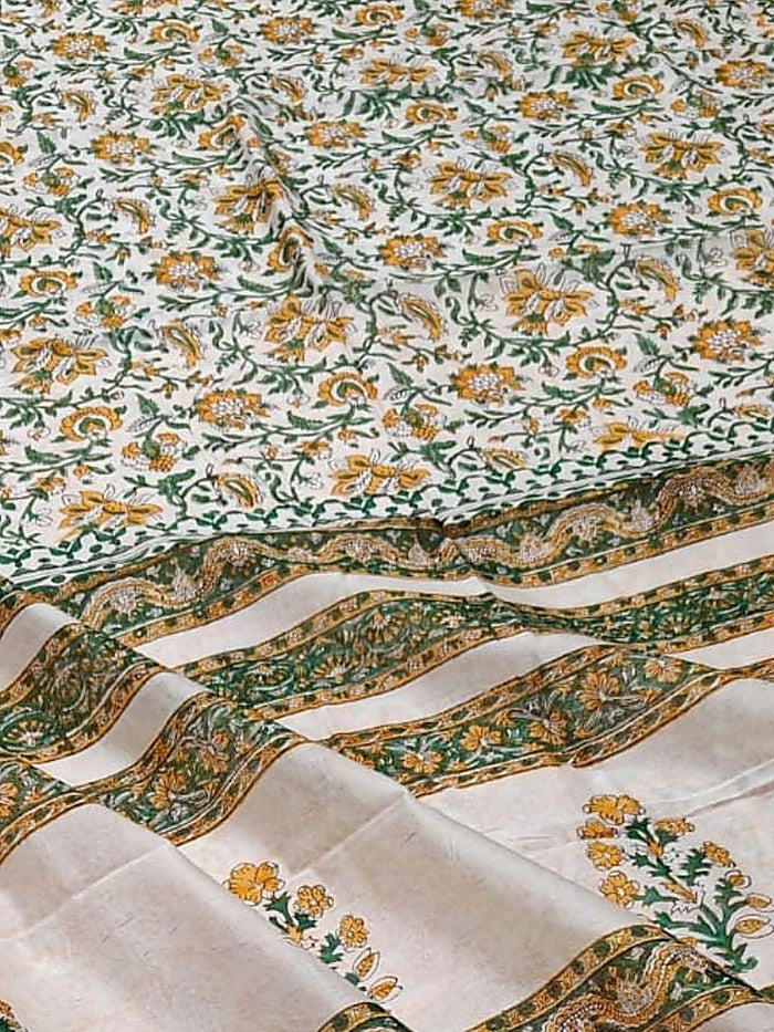 Indiehaat | Blockprint Chanderi Silk Saree Beige | Elegance in Silk