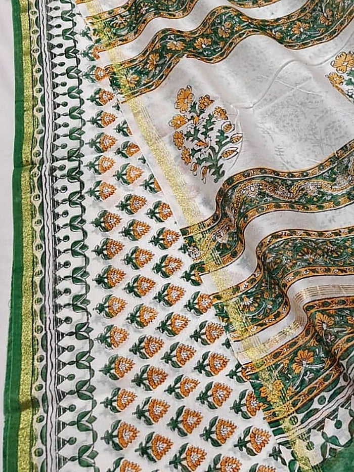 Indiehaat | Blockprint Chanderi Silk Saree Beige | Elegance in Silk