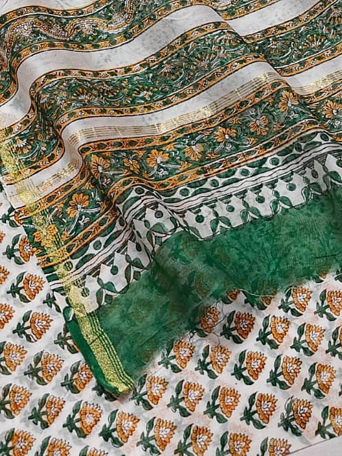 Indiehaat | Blockprint Chanderi Silk Saree Beige | Elegance in Silk