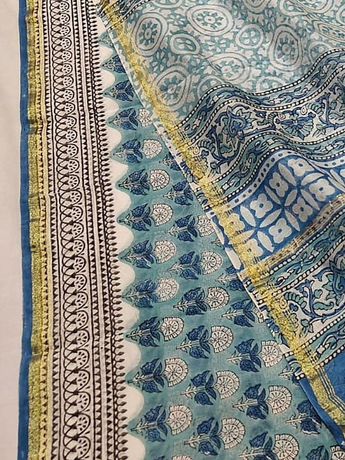 Indiehaat | Blockprint Chanderi Silk Saree Green | Elegance in Silk