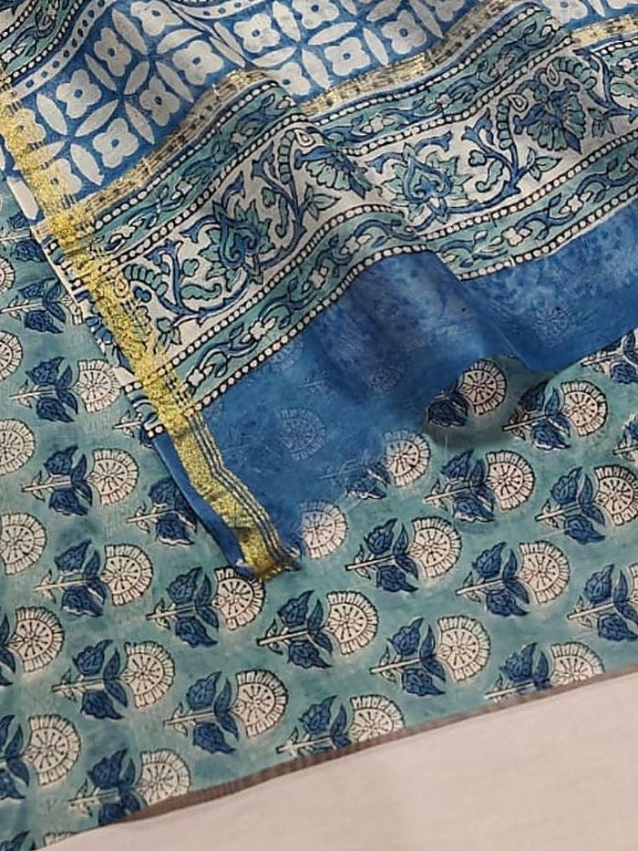 Indiehaat | Blockprint Chanderi Silk Saree Green | Elegance in Silk