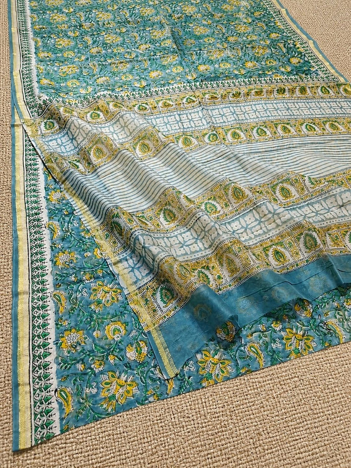 Indiehaat | Blockprint Chanderi Silk Saree Sea Green | Elegance in Silk