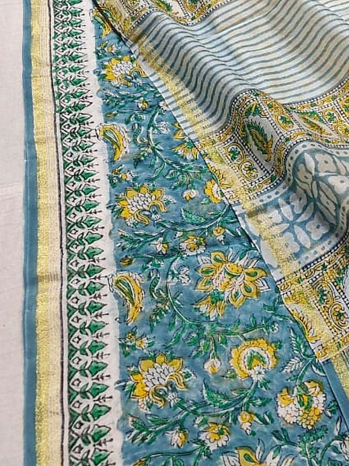 Indiehaat | Blockprint Chanderi Silk Saree Sea Green | Elegance in Silk
