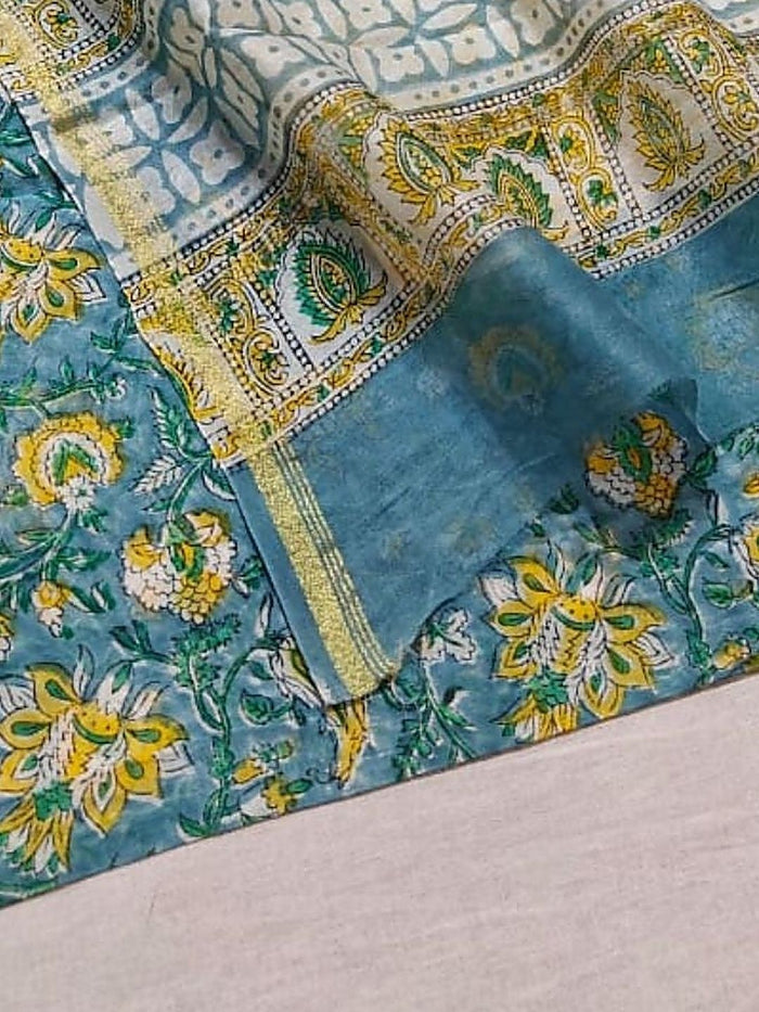 Indiehaat | Blockprint Chanderi Silk Saree Sea Green | Elegance in Silk