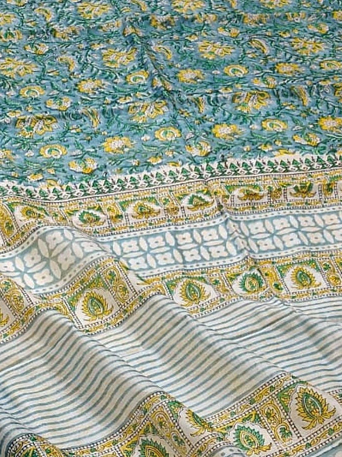 Indiehaat | Blockprint Chanderi Silk Saree Sea Green | Elegance in Silk