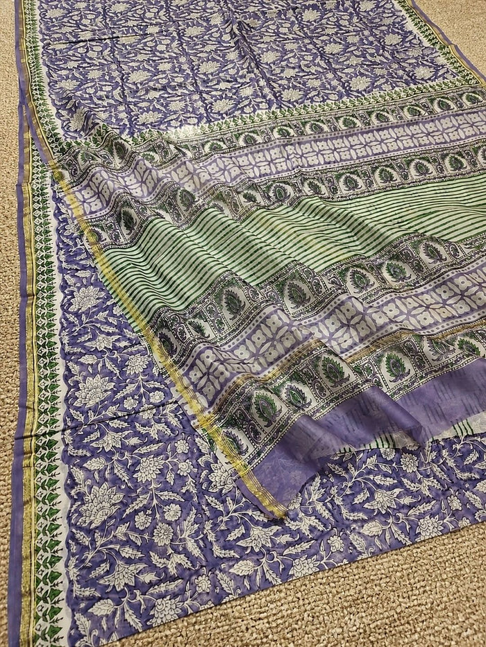 Indiehaat | Blockprint Chanderi Silk Saree Blue | Elegance in Silk