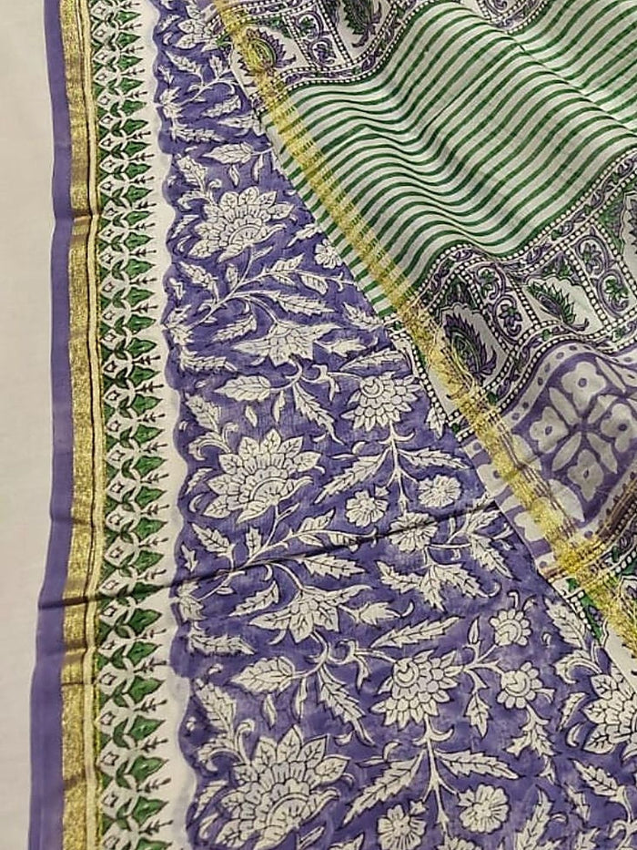 Indiehaat | Blockprint Chanderi Silk Saree Blue | Elegance in Silk