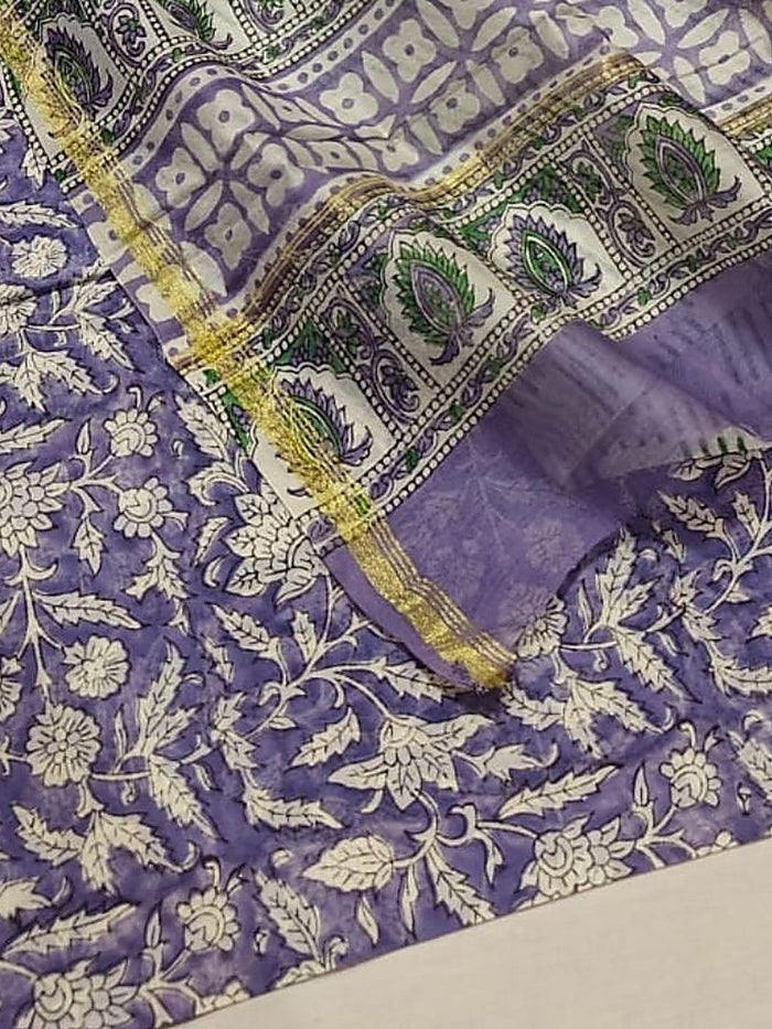 Indiehaat | Blockprint Chanderi Silk Saree Blue | Elegance in Silk