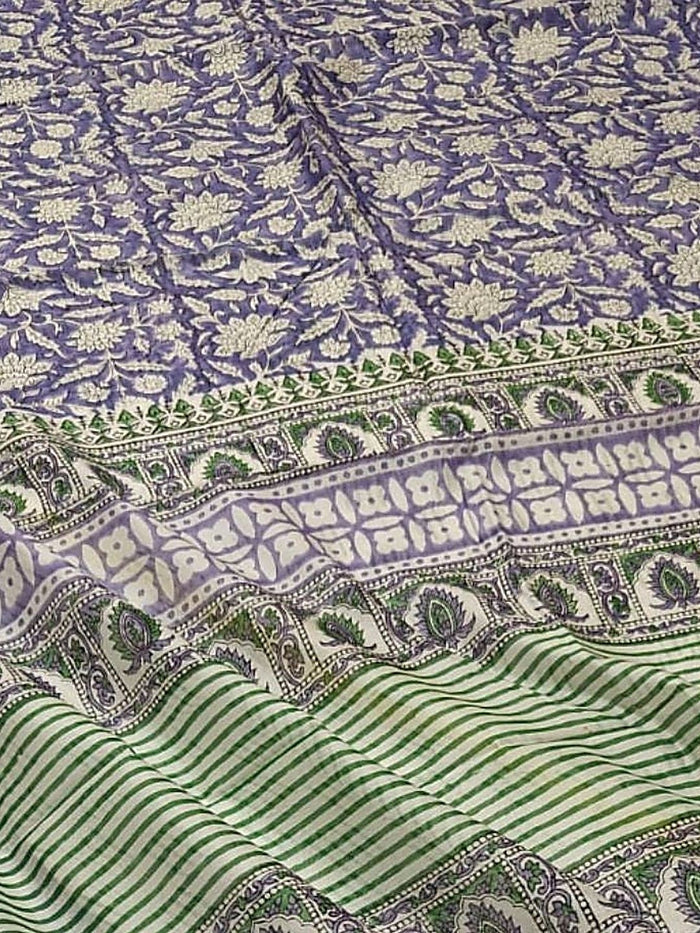 Indiehaat | Blockprint Chanderi Silk Saree Blue | Elegance in Silk